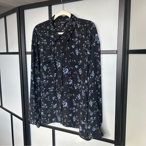 [18] Michel Studio Black Long Sleeve Blouse with Spring Blue Floral Pattern
